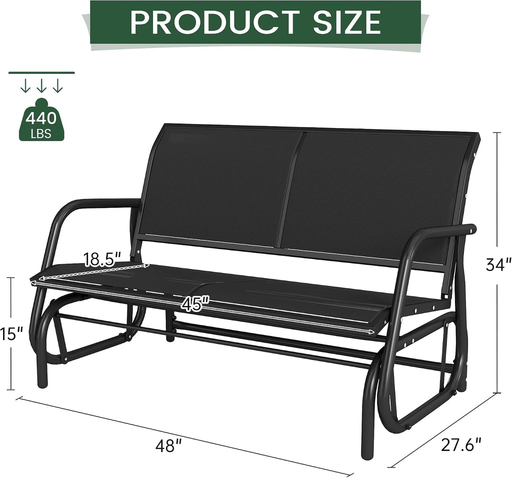 KROFEM Outdoor Glider Bench, Glider Bench for Outside Patio, Black | High Backrest and Breathable Mesh Fabric, Yard Porch Loveseat, Outside Rocking Swing Chair, Heavy Duty Metal, Clearance