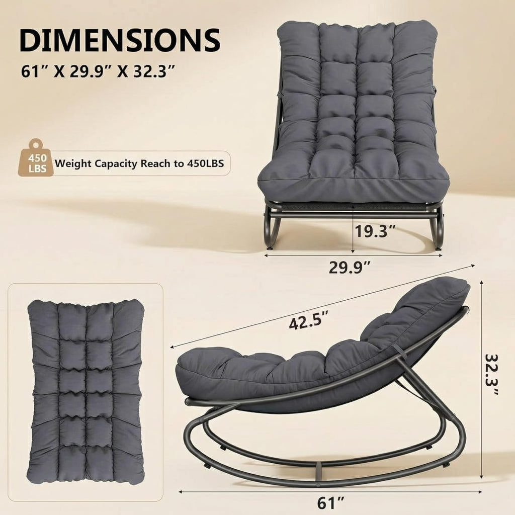 GarveeTech Outdoor Papasan Rocking Chair, Oversized Egg Rocker with Adjustable Swing & Waterproof Cushion, 450 lbs Capacity Metal Frame for Patio, Porch, Garden, Dark Gray