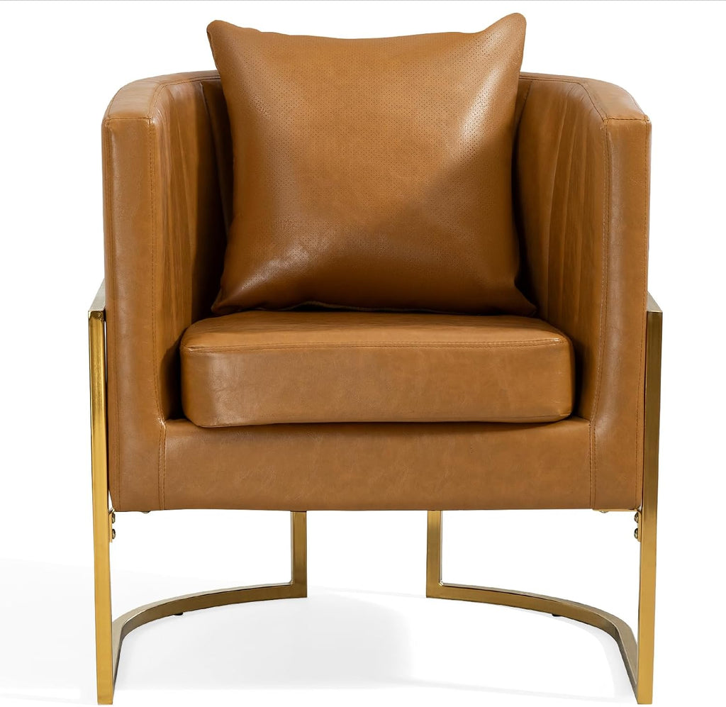 Leather Accent Chairs Set of 2, Mid Century Modern Upholstered Barrel Armchair with Pillow for Living Room, Comfy Single Vanity Chair with Metal Gold Legs for Bedroom, Orange