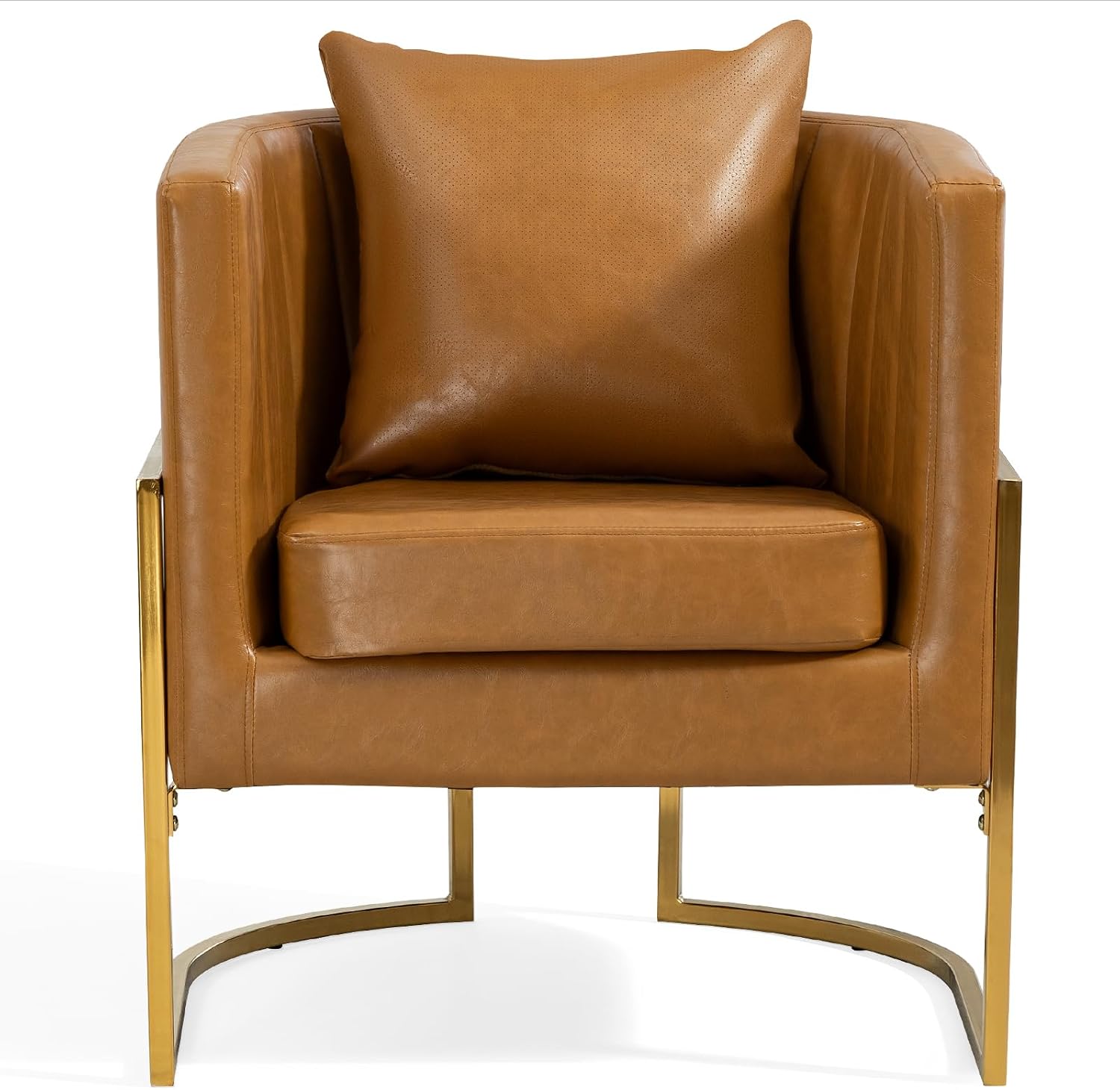Leather Accent Chairs Set of 2, Mid Century Modern Upholstered Barrel Armchair with Pillow for Living Room, Comfy Single Vanity Chair with Metal Gold Legs for Bedroom, Orange