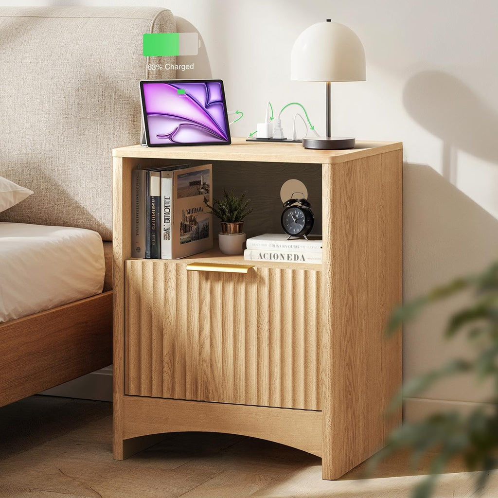 Marsail Fluted Nightstand with Charging Station, Adjustable Bedside Table with USB & AC Ports, 1 Drawer End Table, Wood Grain Finish, Sleek Wide Handle, Perfect for Bedroom, Natural Oak