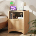 Marsail Fluted Nightstand with Charging Station, Adjustable Bedside Table with USB & AC Ports, 1 Drawer End Table, Wood Grain Finish, Sleek Wide Handle, Perfect for Bedroom, Natural Oak
