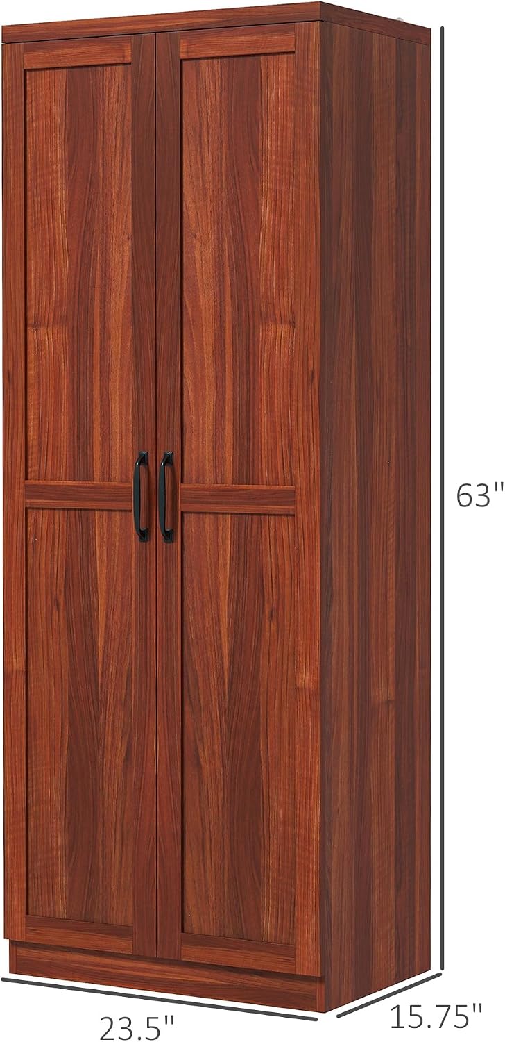 63" 2-Door Kitchen Pantry, Freestanding Storage Cabinet with 5-Tier Shelving and 2 Adjustable Shelves for Dining Room, Cherry Wood Color