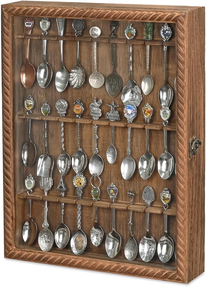 Ikee Design Wooden 30-Souvenir Spoon Display Case Cabinet, Wall-Mounted Tea Spoon Rack with Tempered Glass Door Suitable for Collection Display, Brown Color, 13.4W x 2.6D x 15.7H in