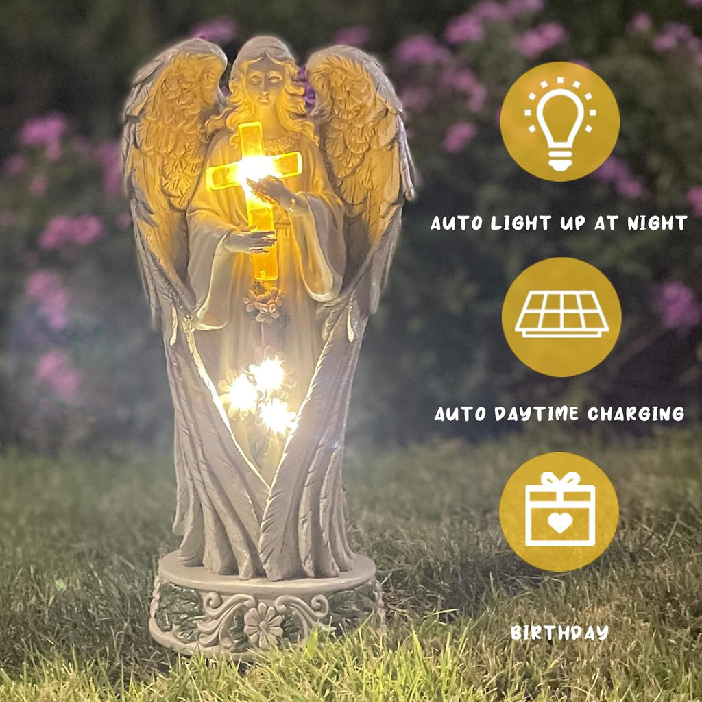 Angel Statue for Garden, Solar Angel for Cemetery Decorations, Unique Funeral Memorial Gifts, Praying Angel Cross Memorial Statue