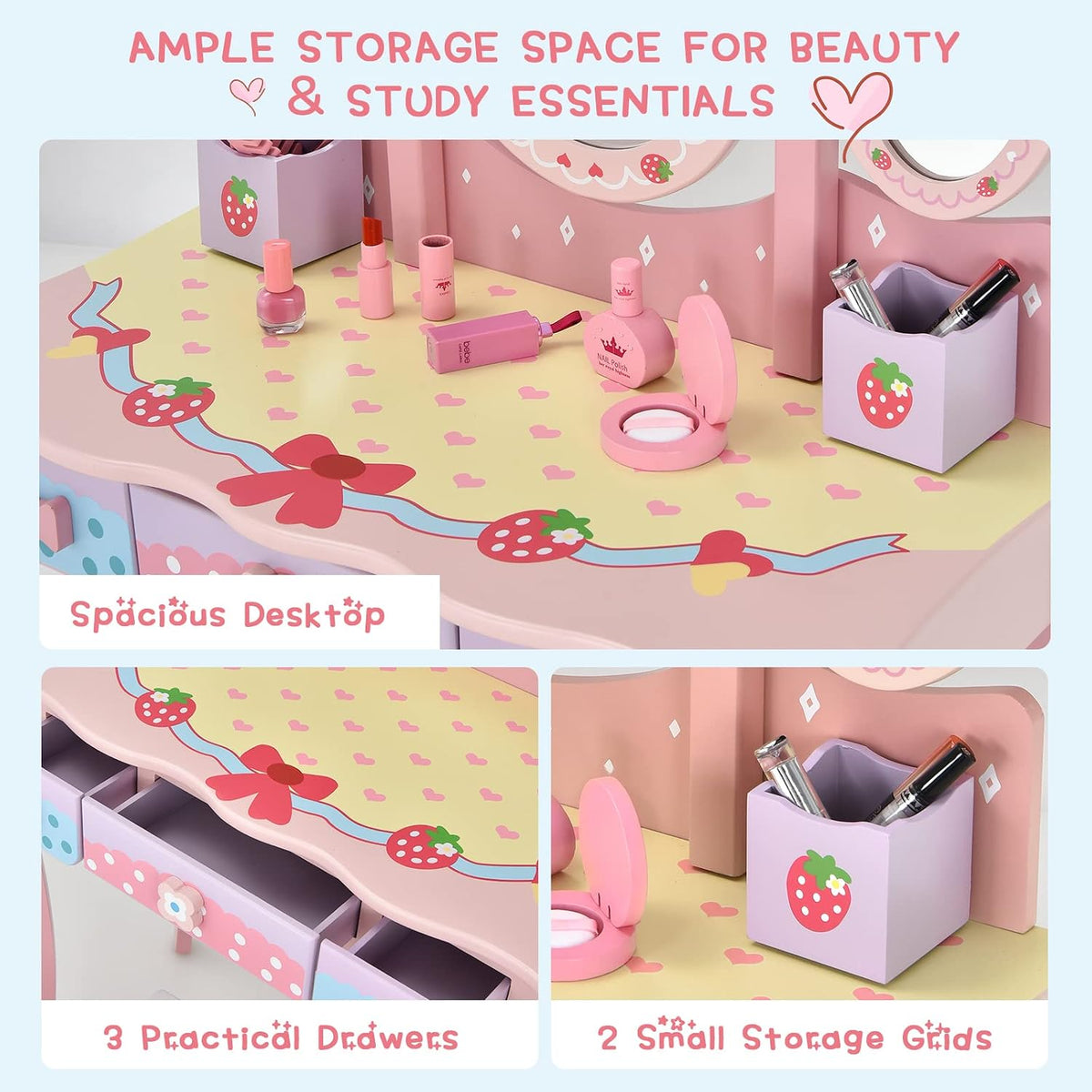 Costzon Kids Vanity Table & Chair Set, 2 in 1 Princess Makeup Dressing Table w/Detachable Top, Toddler Vanity w/Tri-fold Mirror, Drawers & Accessories, Vanity Set for Little Girls, Pink