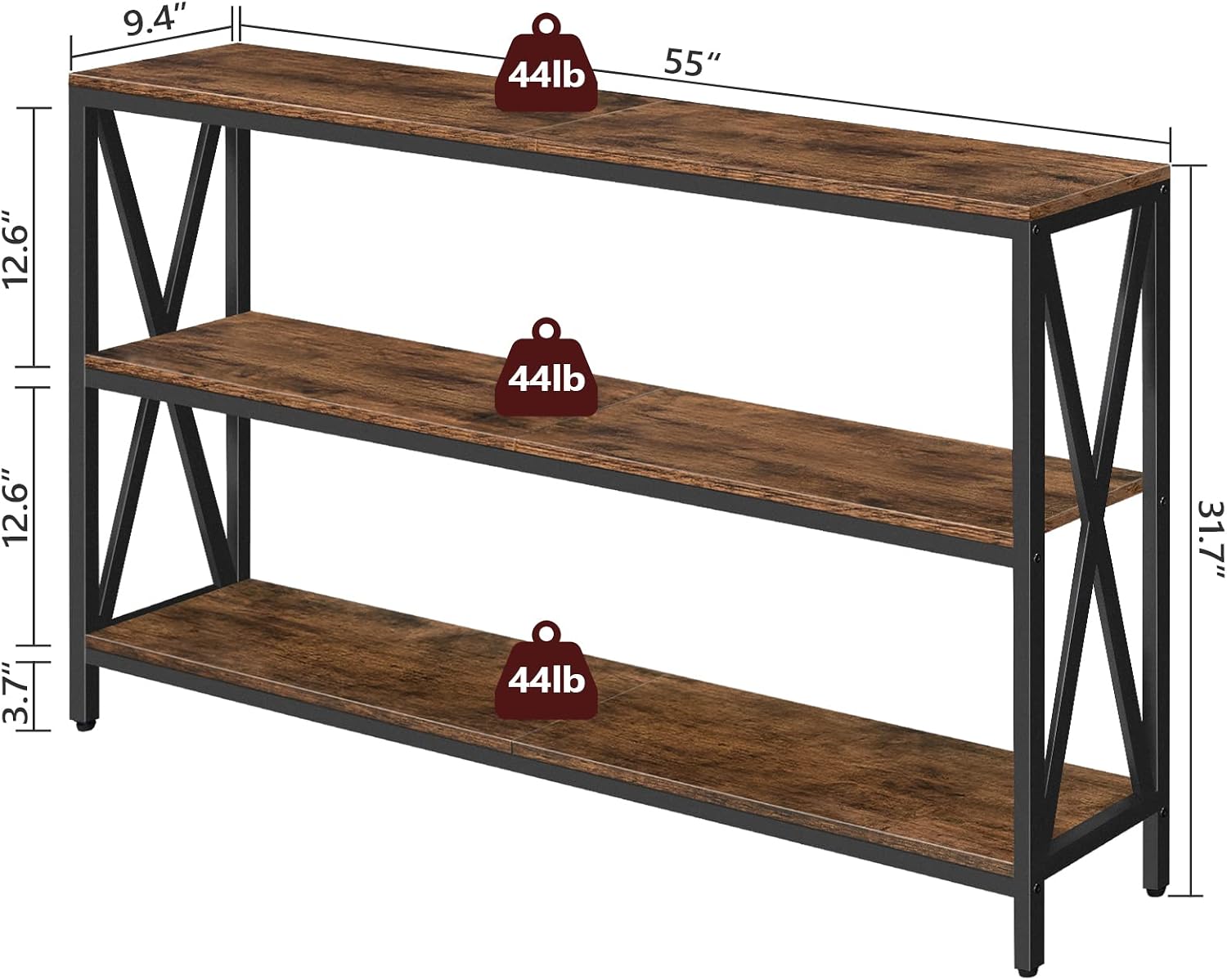 MAHANCRIS 55" Sofa Table, Industrial Console Table, 3-Tier Narrow Sofa Table with Storage Shelves, Foyer Table for Entryway, Hallway, Kitchen, Living Room and Bedroom, Rustic Brown CTHR80401