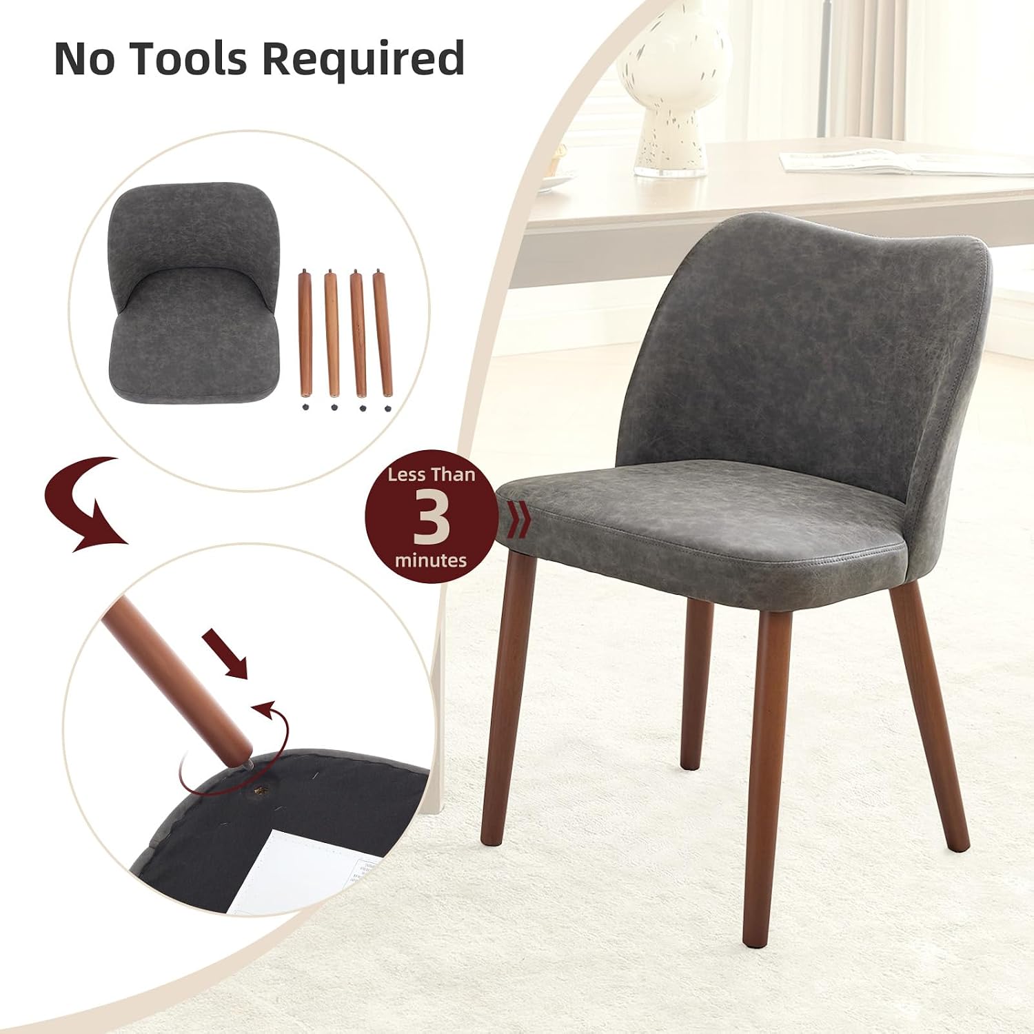 Modern Dining Chairs Set of 4, Upholstered Faux Leather Kitchen Side Chairs with Curved Back, Easy Assembly for Dining Room, Restaurant, Dark Grey PU