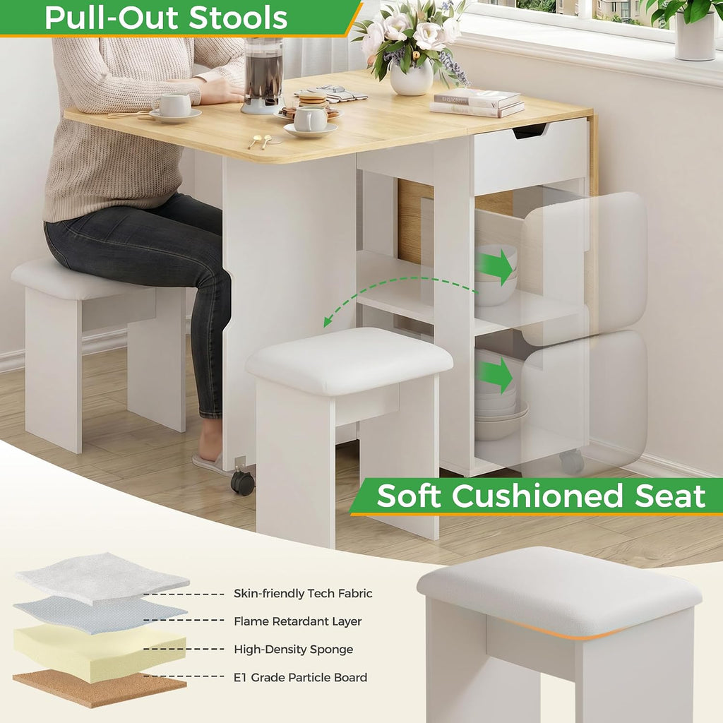 Mondeer Folding Dining Table and Chairs Set 4, 55" Space Saving Table with 4 Cushioned Stools, 2 Drawers and Storage Shelves, Foldable Table and Chairs for Kitchen Dining Room Living Room