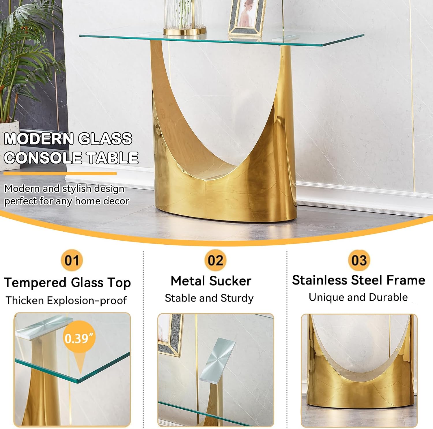 Luxury Gold Glass Console Table, Modern 47" Rectangle Entryway Table with Mirrored U-Shape Stainless Steel Base, Clear Glass Sofa Tables Behind The Couch Hallway Tables for Living Room