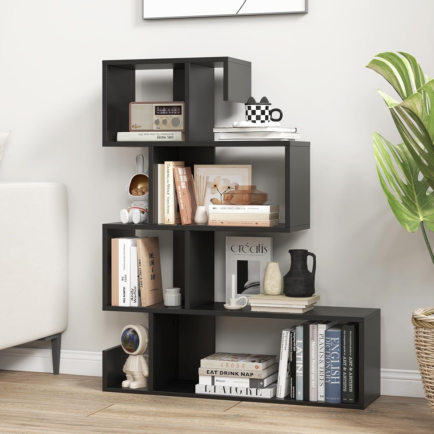 Tangkula S-Shaped Bookshelf, 5-Tier Modern Geometric Stepped Bookcase with Anti-Tipping Kits, Freestanding Corner Ladder Display Rack for Living Room Home Office (1, Black)