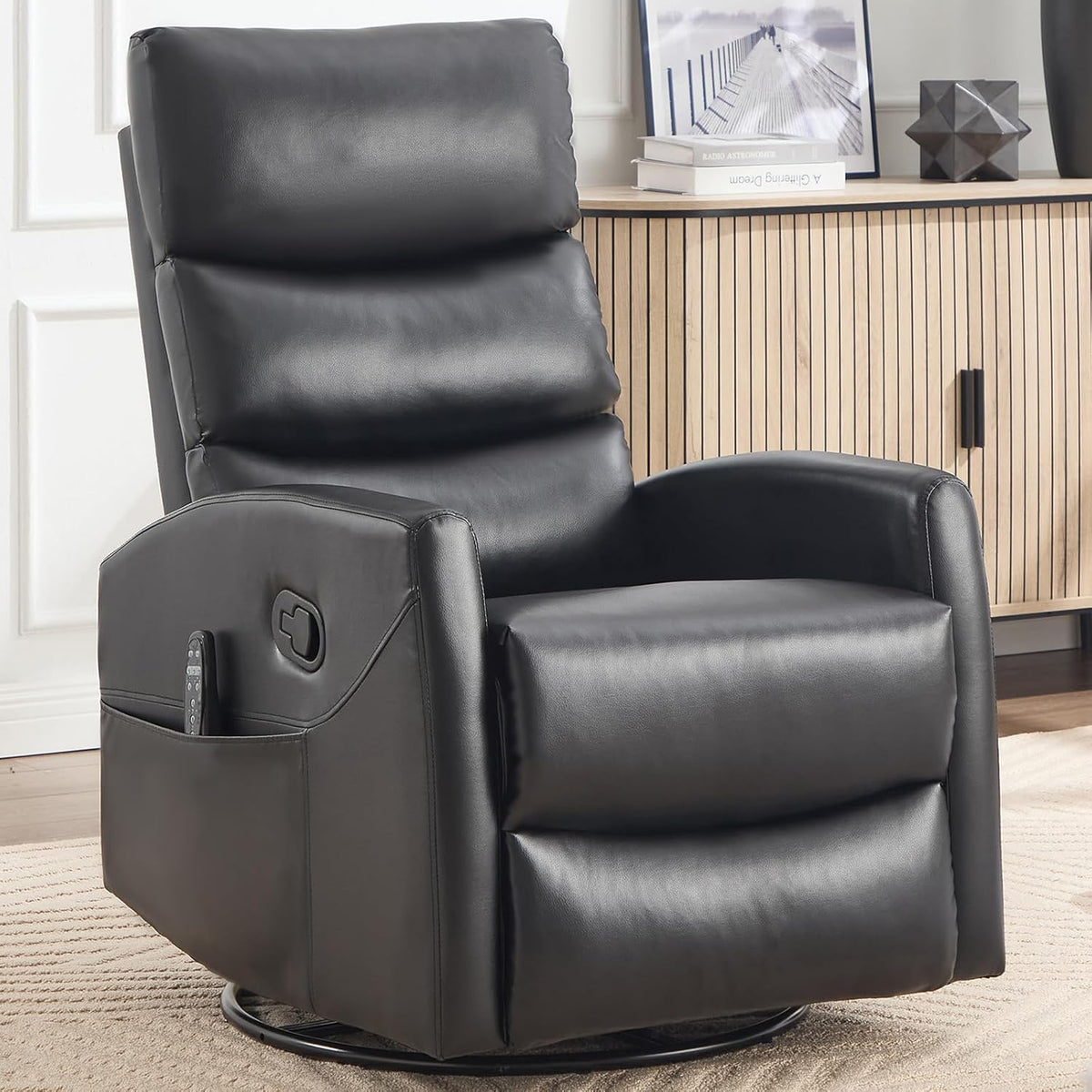 Rocker Recliner Chairs, 360° Swivel Rocking Recliner Chair for Adults,Glider Rocker Recliners, Small Recliners with Vibration Massage and Heat for Living Room (Black)