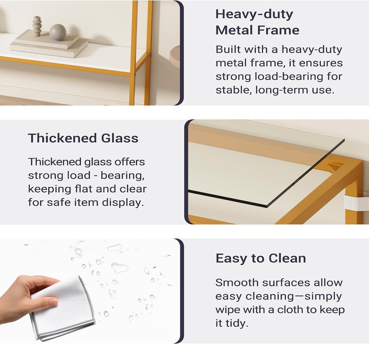 Furnify Console Sofa Table, 52" Modern Entryway Table, 2-Tier Open Shelf with Tempered Glass, Gold Metal Frame Behind Couch Table for Living Room Bedroom Hallway Entrance, White