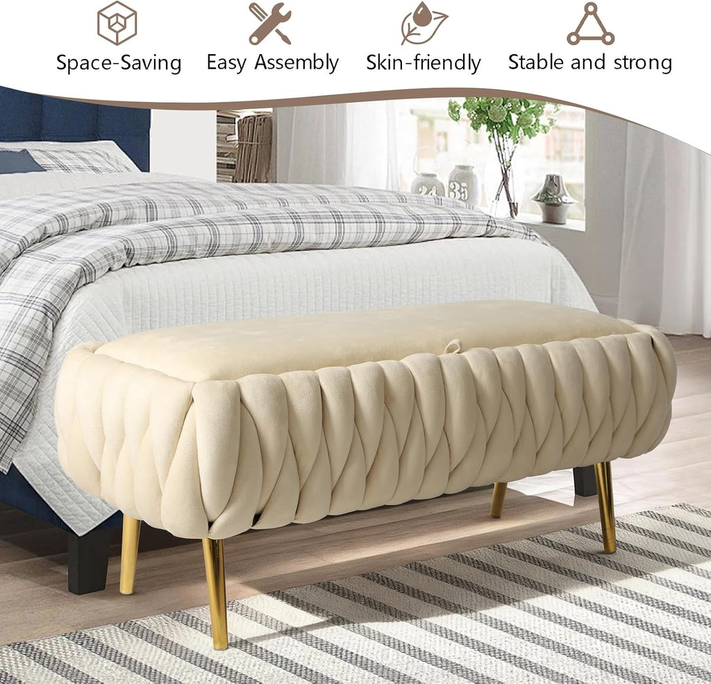 End of Bed Bedroom Storage Bench Upholstered, Hand-Woven Storage Ottoman Bench for Bedroom with Hinged Lid Golden Legs, for Living Room, Entryway Beige