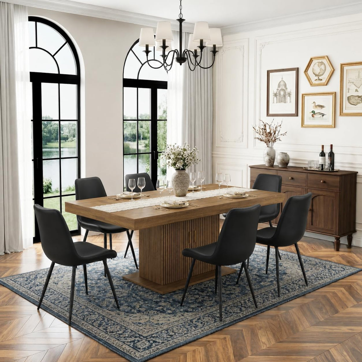 7 Piece Extendable Dining Table Set for 6, 63-79 Inch Brown Kitchen Table Set with 6 Black PU Leather Chairs，Farmhouse Wood Expandable Storage Cabinet Dining Room Table Set 6 for Kitchen Dining