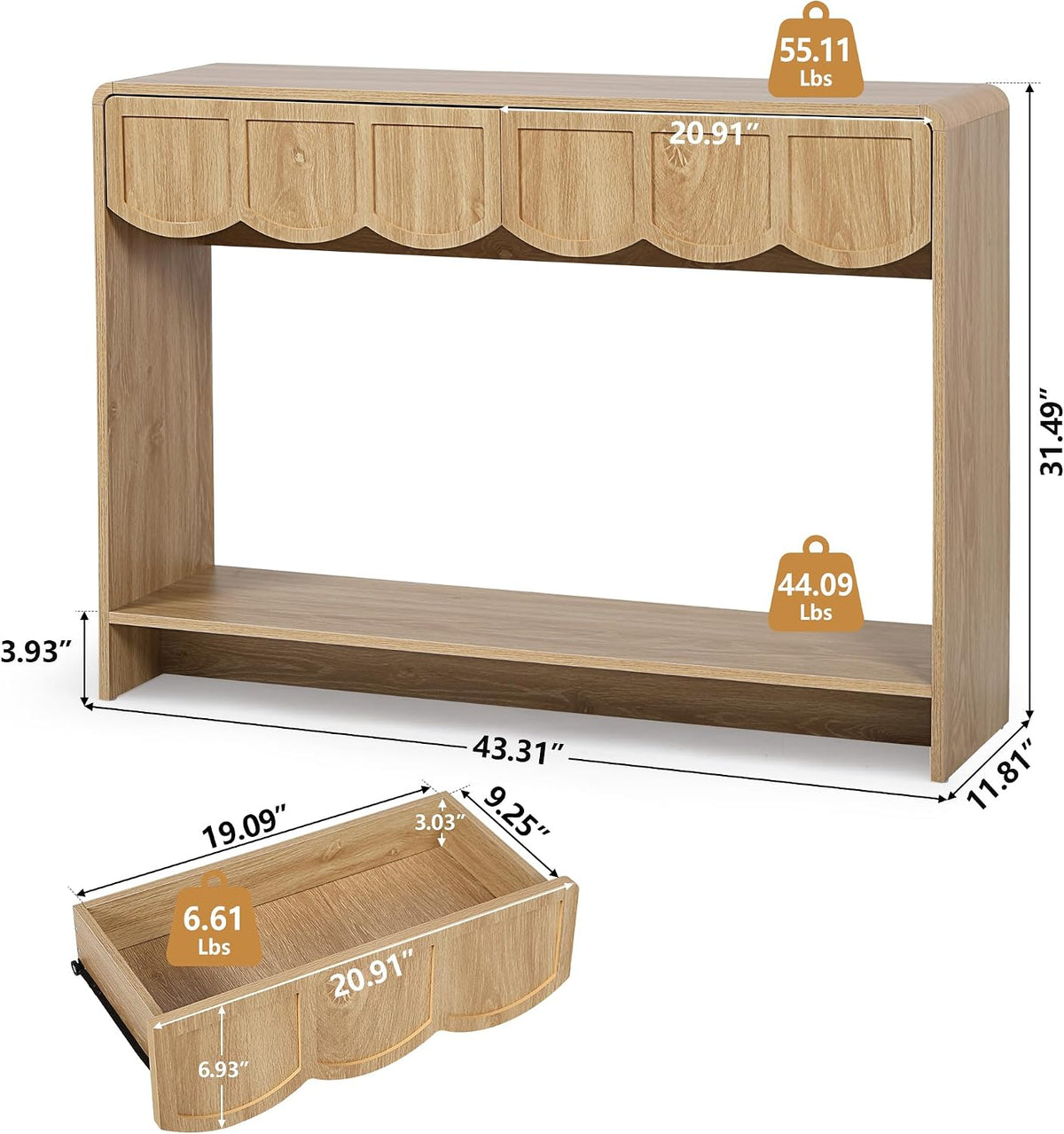 ORRD Console Table with Drawers, Mid-Century 43 Inches Narrow Entryway Table with Open Storage Shelves, Hallway Accent Tables Behind Couch Tables for Living Room - Natural