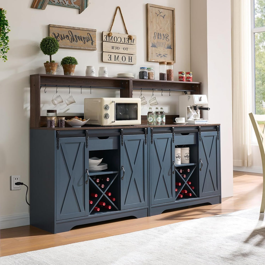 Wnutrees Farmhouse Coffee Bar Cabinet with Charging Station and USB Ports,Sliding Barn Door,39" Kitchen Hutch Sideboard Buffet Storage Cabinet,Fits Kitchen Dining Living Room, Blue