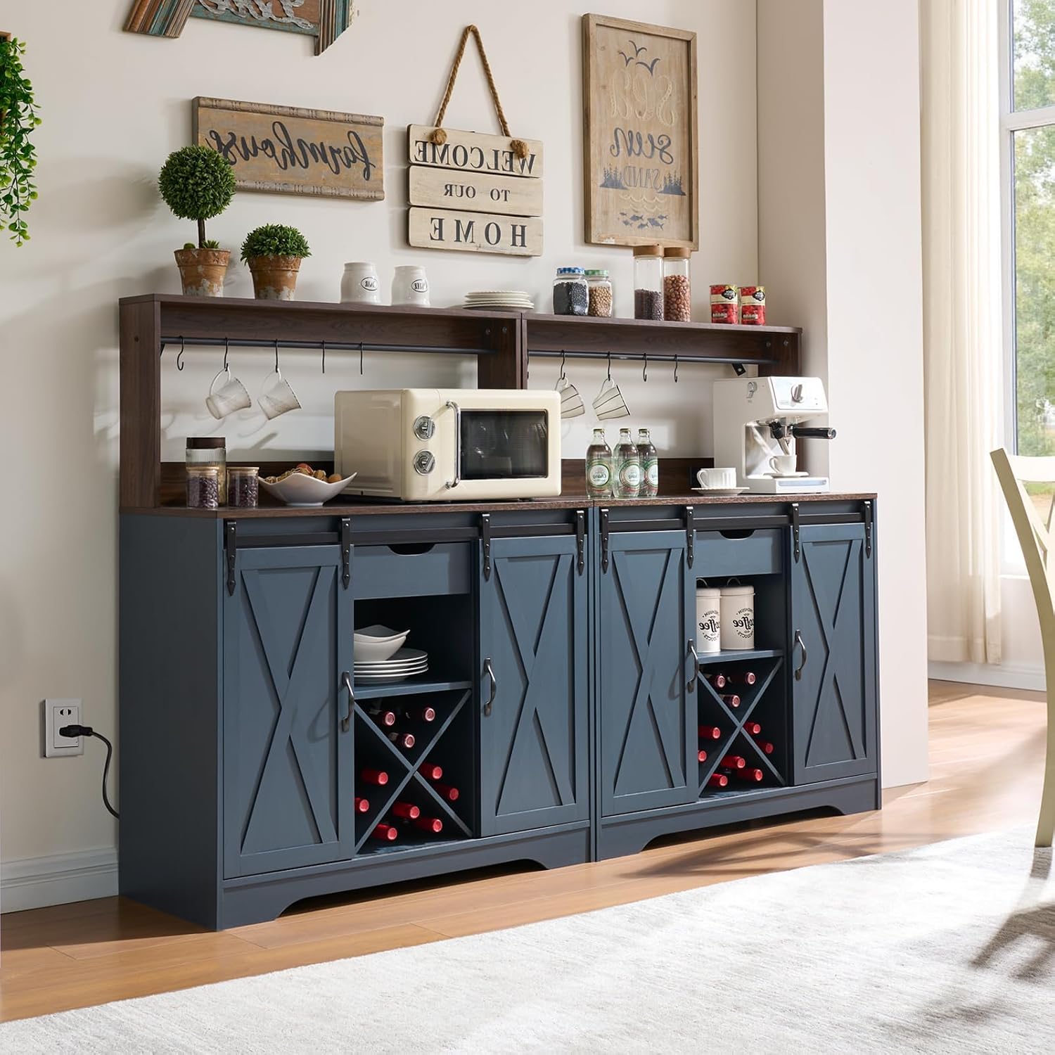 Wnutrees Farmhouse Coffee Bar Cabinet with Charging Station and USB Ports,Sliding Barn Door,39" Kitchen Hutch Sideboard Buffet Storage Cabinet,Fits Kitchen Dining Living Room, Blue