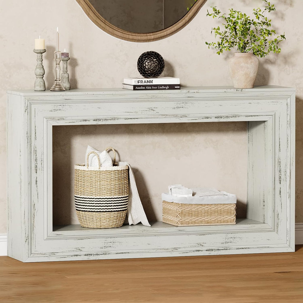 Rresyet 55" Narrow Entryway Console Table with LED Lights & Storage, White