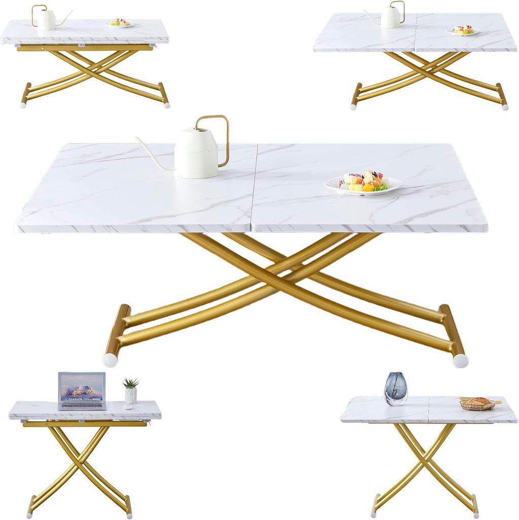 Height Adjustable Folding Table - Converts from Coffee to Dining, Wooden Top with Sturdy Metal Legs, Ideal for Small Living/Kitchen Spaces (White+Gold)