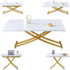 Height Adjustable Folding Table - Converts from Coffee to Dining, Wooden Top with Sturdy Metal Legs, Ideal for Small Living/Kitchen Spaces (White+Gold)