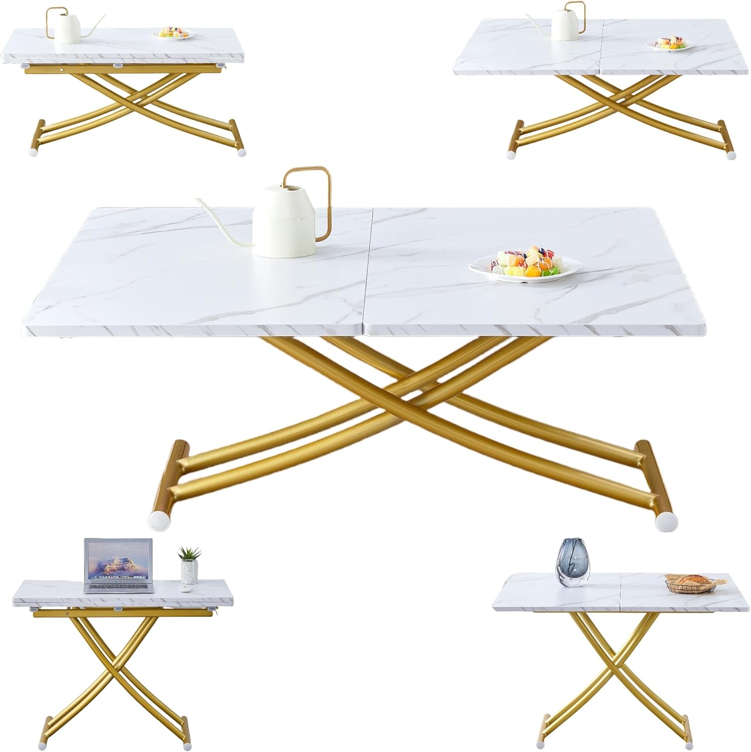 Height Adjustable Folding Table - Converts from Coffee to Dining, Wooden Top with Sturdy Metal Legs, Ideal for Small Living/Kitchen Spaces (White+Gold)