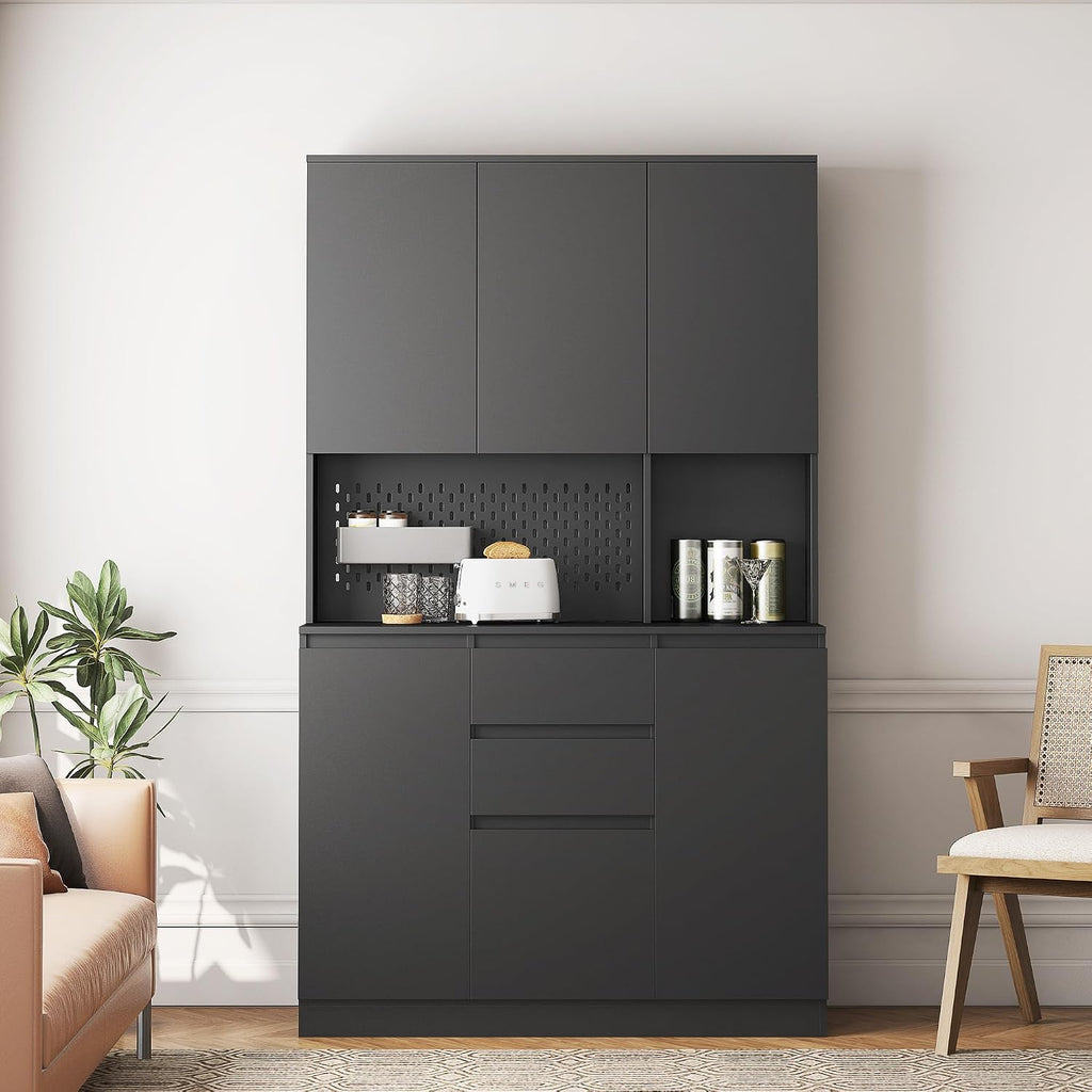roomfitters 74" Kitchen Pantry Cabinet with Charging Station & USB Ports, Large Food Storage Cupboard, Microwave Stand, Black