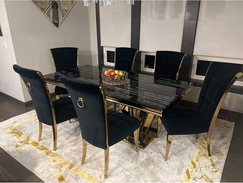 ACEDÉCOR Black and Gold Dining Chairs, Black Velvet Upholstered Chairs with Ring Pull, High Back Dining Chairs with Polished Gold Legs(Set of 2)