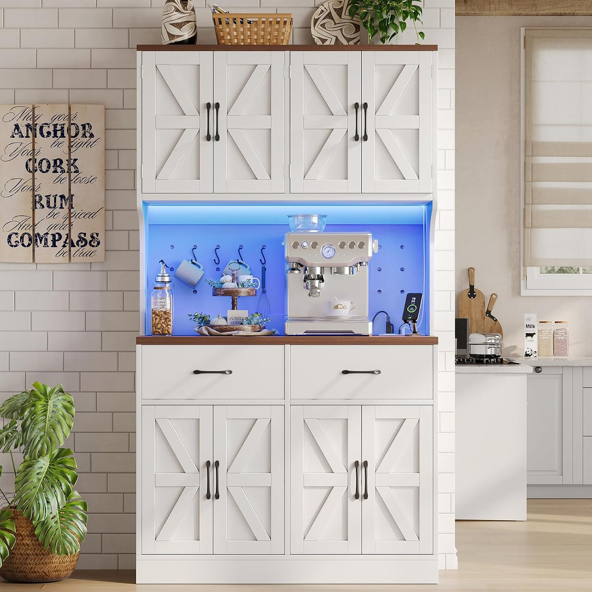 VK·LIVING 71" Kitchen Pantry Cabinet, Farmhouse Storage Cabinet with LED Lights & Charging Station, Coffee Bar Cabinet with Adjustable Shelves, 2 Drawers, Pegboard & Hooks, White