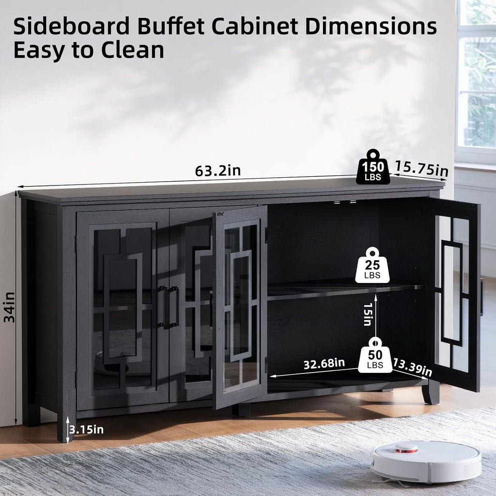 Joaxswe Large Sideboard Buffet Cabinet with Storage, 63" Farmhouse Credenza with 4 Glass Doors, Adjustable Shelves Console Table, Wood Kitchen Coffee Bar for Dining Room, Living Room, Black