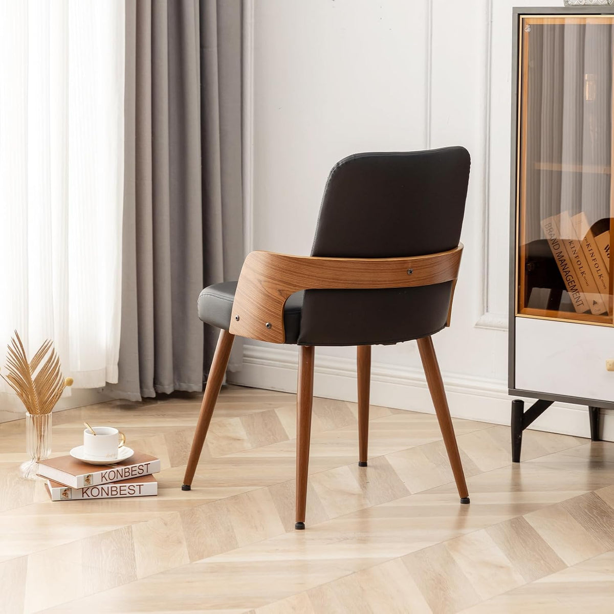 Dining Room Chairs,Mid Century Modern Kitchen Chairs,Upholstered Faux Leather Accent Chairs,Metal Legs Wooden Desk Chairs,Armless and No Wheels for Kitchen Dining Living Room,Black,1PCS