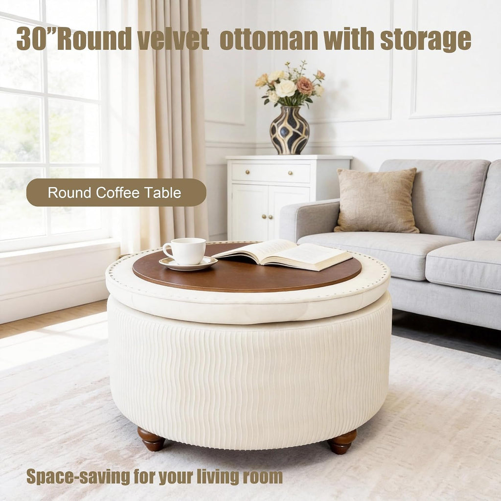 modscape 30 inch Round Storage Ottoman Coffee Table with Lift Off Lid | Modern upholstered ottoman perfect for coffee table, footrest,extra seat. Large hidden storage for living room, bedroom