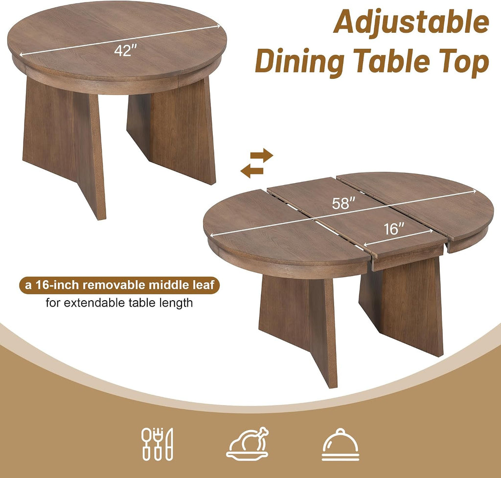 Merax 5-Piece Round Dining Table Set for 4, Extendable Kitchen Table Set with 4 Upholstered Chairs for Dining Room, Kitchen, Small Space, Beige+Walnut