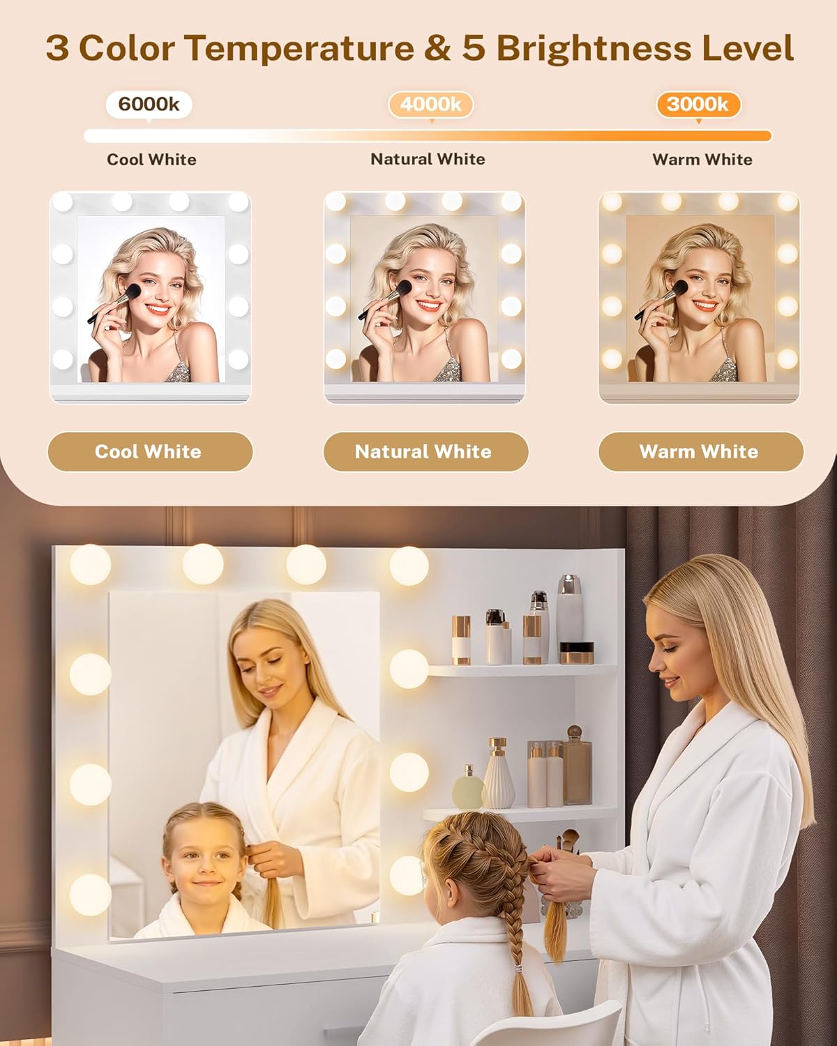 LIVELYGLOW 35.4" White Makeup Vanity Desk with 10 Hollywood Light Bulbs | Dimmable Lighting, Large Mirror, Storage Cabinet