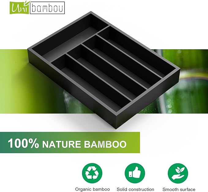 Bamboo Kitchen Drawer Organizer - silverware organizer - Cutlery Tray - Utensil Tray - drawer dividers and Utensil Holder with Wood Silverware Holder for Flatware Cutlery (5 Slots, Black)