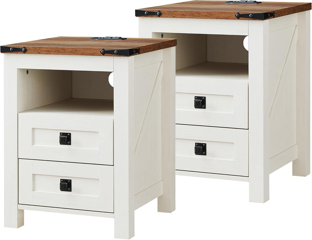 T4TREAM Farmhouse Nightstand Set of 2, Rustic End Table with 2 Drawers, Charging Station, Storage Open Shelf for Bedroom, Living Room, Wood Side Table, Antique White