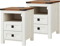 T4TREAM Farmhouse Nightstand Set of 2, Rustic End Table with 2 Drawers, Charging Station, Storage Open Shelf for Bedroom, Living Room, Wood Side Table, Antique White