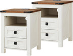 T4TREAM Farmhouse Nightstand Set of 2, Rustic End Table with 2 Drawers, Charging Station, Storage Open Shelf for Bedroom, Living Room, Wood Side Table, Antique White