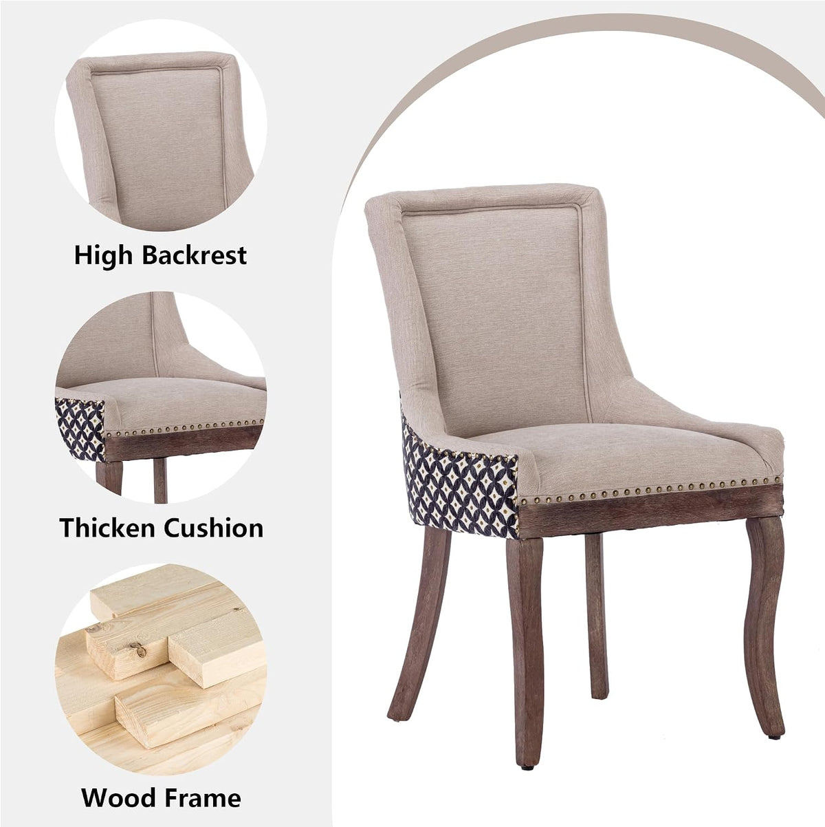 Farmhouse Dining Chairs Set of 2, Upholstered Fabric Dining Room Accent Chairs with Wood Legs & Bronze Nailhead, High Wingback Kitchen Chairs for Living Room Hotel Apartment, Beige Patterned