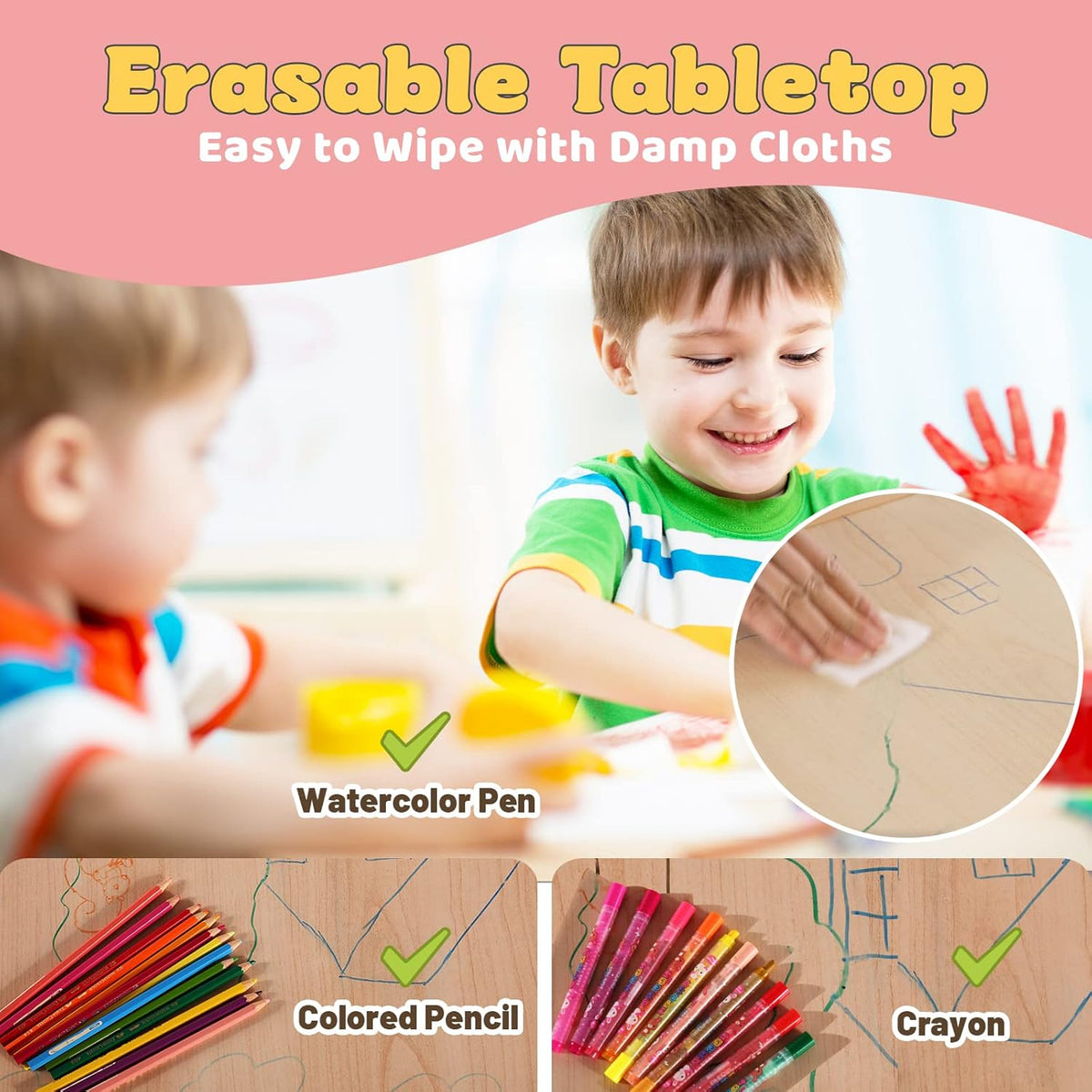 FUNLIO Kids Table and 4 Chairs Set and Adjustable Kids Chair (2pcs)，Easy to Wipe Arts & Crafts Table, for Classrooms/Daycares/Homes, CPC & CE Approved (5-Piece Set) - Pink