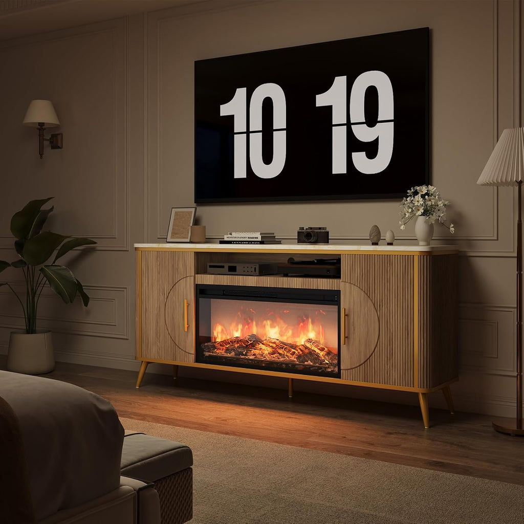 Fluted Fireplace TV Stand Up to 80" TVs, Modern Entertainment Center with 30" Electric Fireplace, Luxury Media Console with Adjustable Shelves for Living Room, Nature Oak