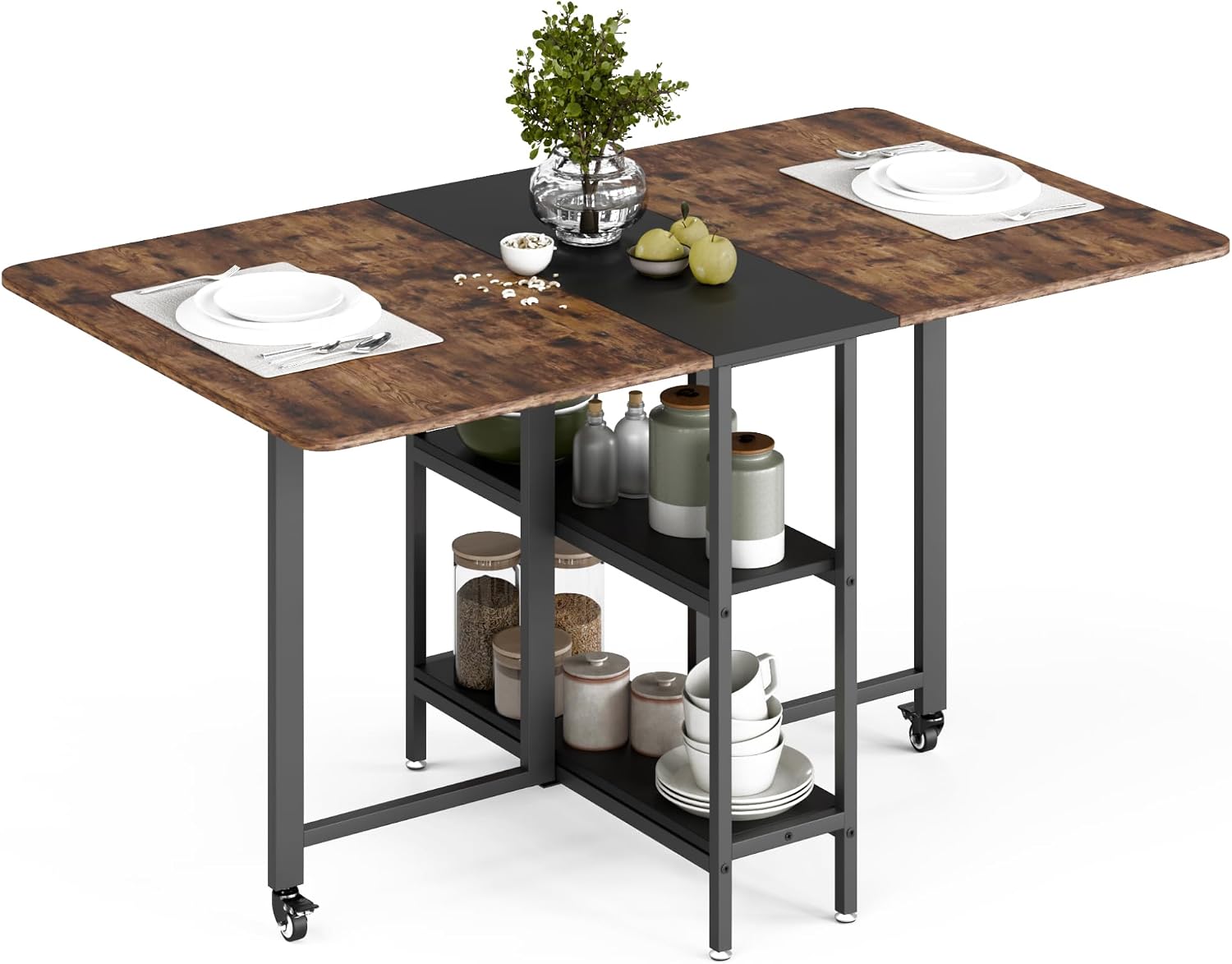 Mondeer 140 cm Folding Dining Table, Kitchen Table for Small Spaces, 4-6 People | Foldable table, sufficient storage space, 360° wheels easy to move and lock, kitchen, dining room, living room, brown