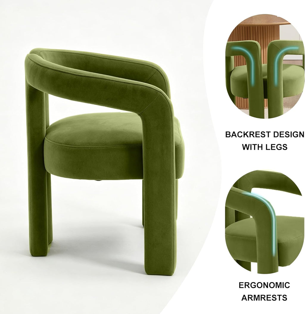 Modern Velvet Dining Chairs Set of 1, Mid Century Modern Upholstered Accent Chair with Curved Backrest and Armrests, Round Thick Cushion Kitchen Chair with Metal Legs (1pcs Velvet Green)
