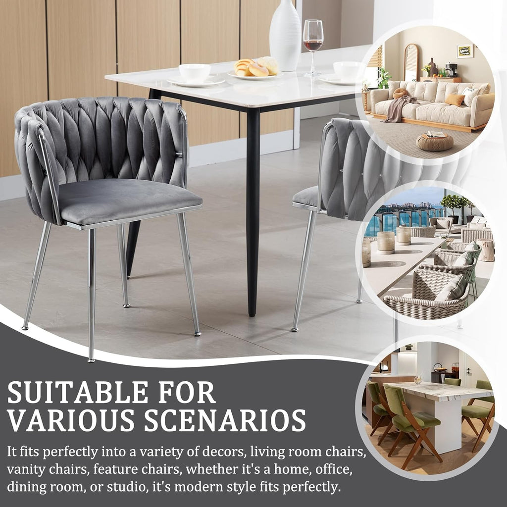 Modern Velvet Dining Chairs Set, Upholstered Dining Chair with Woven Back and Silver Metal Legs, Modern Armchair for Living Room/Kitchen/Bedroom (Gray, 2pcs)
