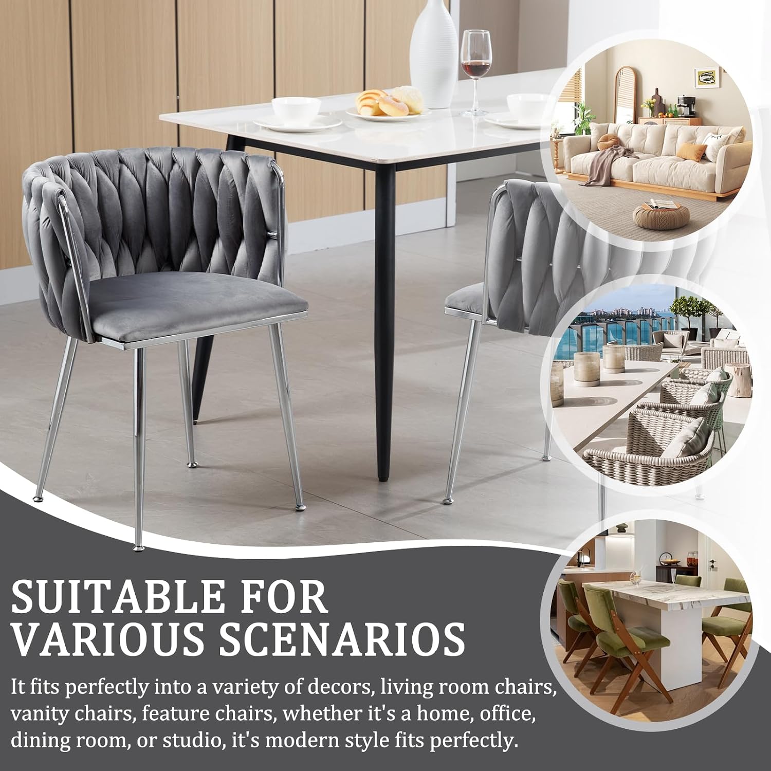 Modern Velvet Dining Chairs Set, Upholstered Dining Chair with Woven Back and Silver Metal Legs, Modern Armchair for Living Room/Kitchen/Bedroom (Gray, 2pcs)