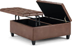 SIMPLIHOME Harrison 36" Wide Vegan Leather Lift Top Ottoman in Saddle Brown | Distressed saddle brown, transitional lift-top ottoman with hidden storage for living room; square footstool or coffee table.