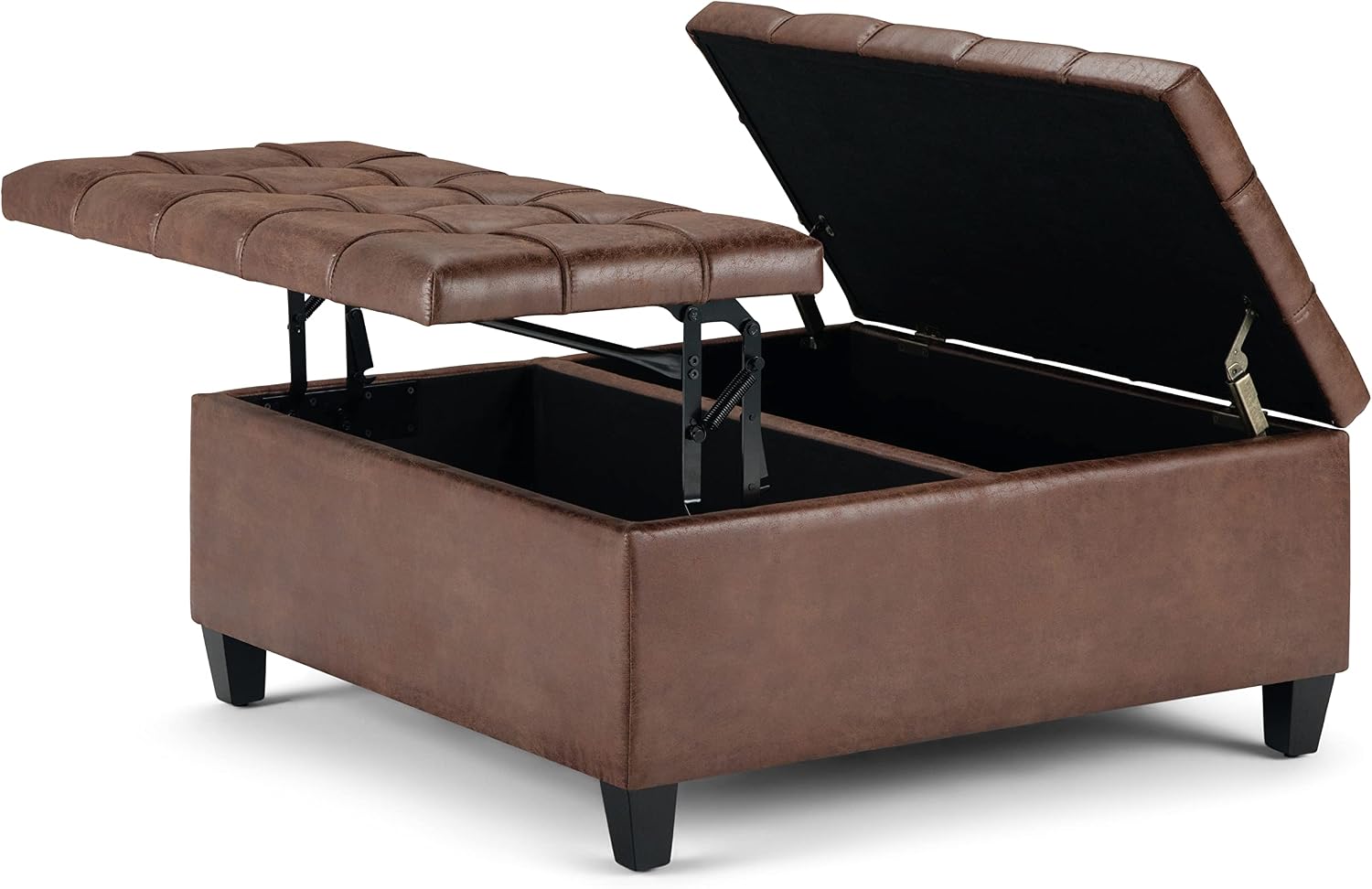 SIMPLIHOME Harrison 36" Wide Vegan Leather Lift Top Ottoman in Saddle Brown | Distressed saddle brown, transitional lift-top ottoman with hidden storage for living room; square footstool or coffee table.