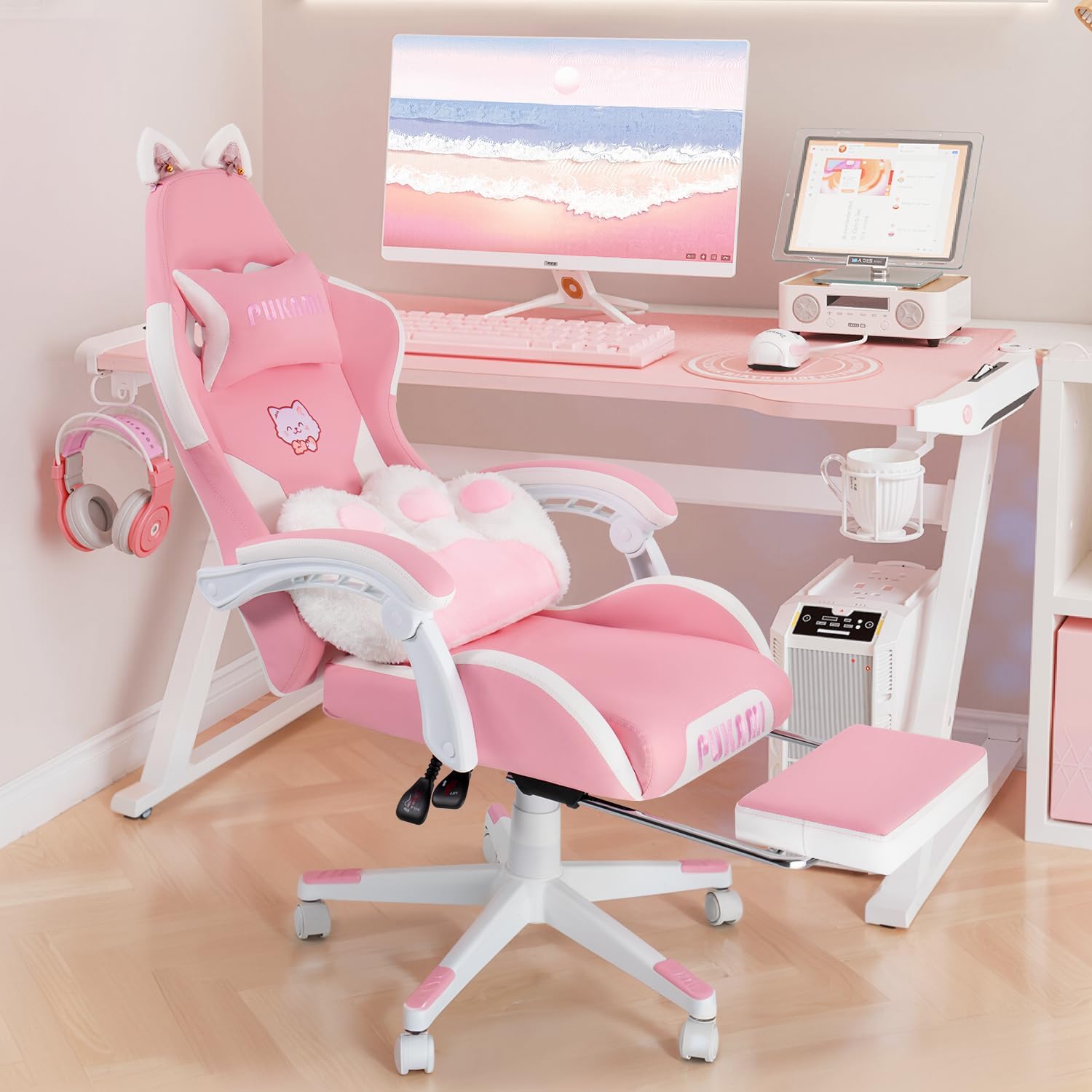 Pink Gaming Chair with Cat Ears & Footrest, Ergonomic Gaming Computer Desk Chair with Cat Paw Lumbar Support & Linked Armrests - Cute PU Leather Game Chair for Girls Adults