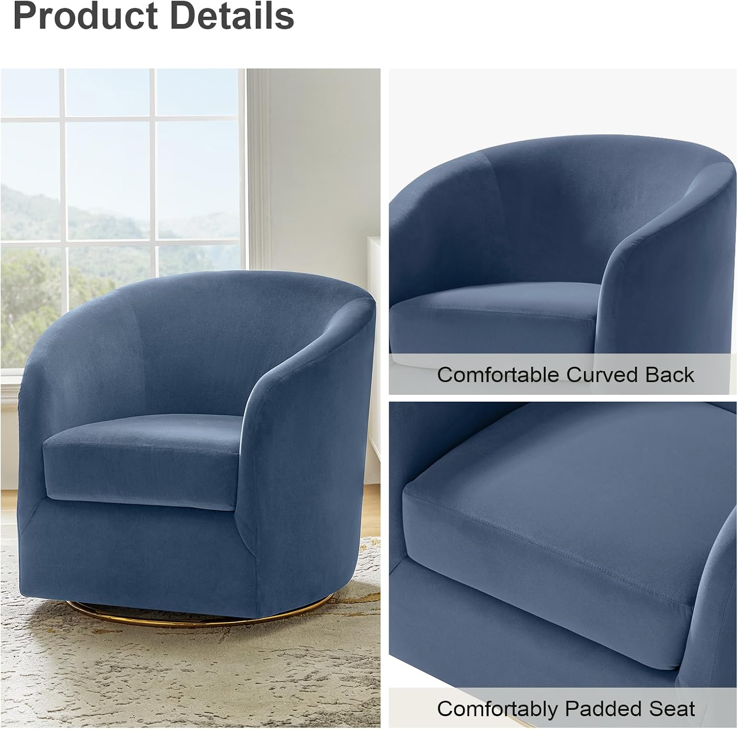 HULALA HOME Swivel Accent Chair with Gold Metal Base, Set of 2 Contemporary Velvet Curved Swivel Barrel Chair, Upholstered Club Armchair, Leisure Single Sofa for Living Room, Bedroom(Slate-Blue)