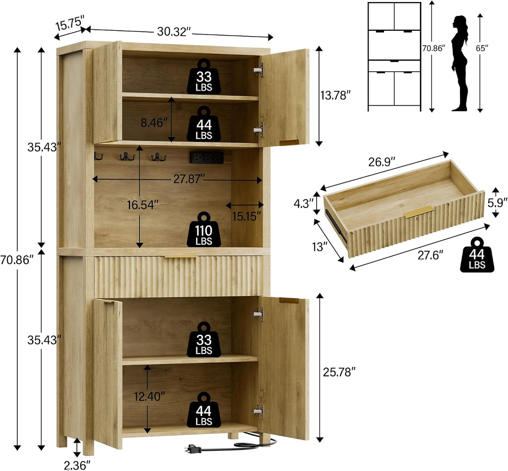 Lulive 71" Fluted Pantry Cabinet with Charging Station, Natrual | Adjustable Shelves, Open Countertop, Drawer, Spacious Kitchen Storage